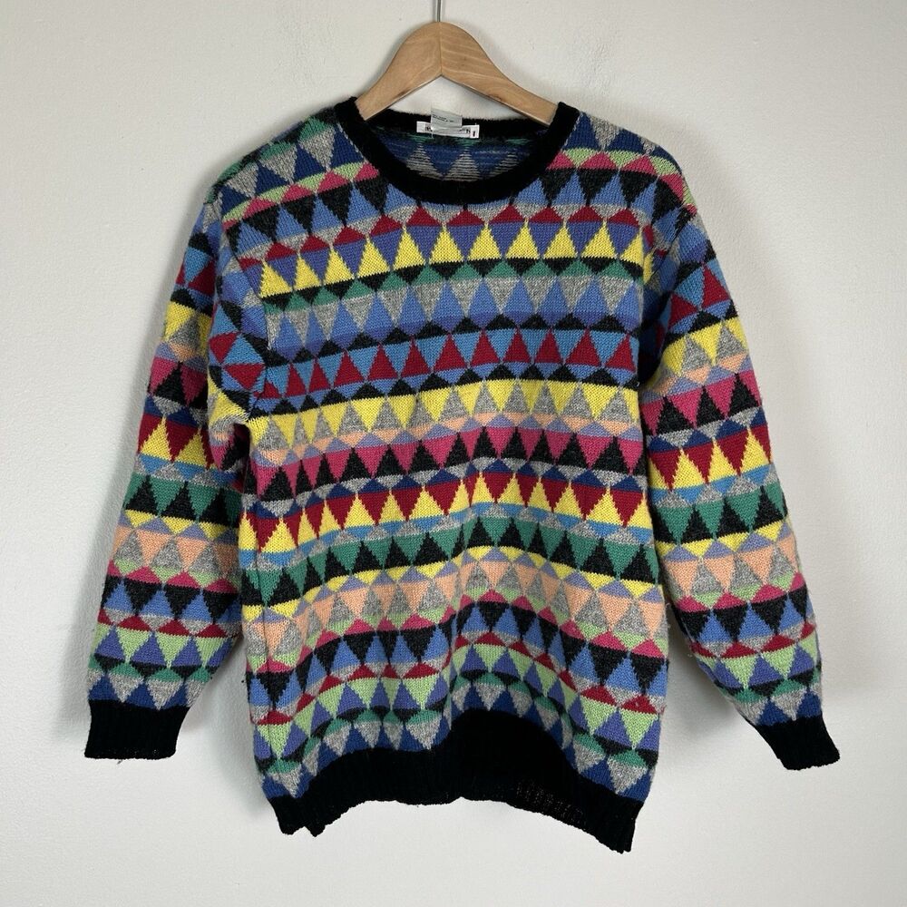 Talbots M 100% Wool Sweater 90s Geometric Colorful Rainbow Retro Men’s M Knit